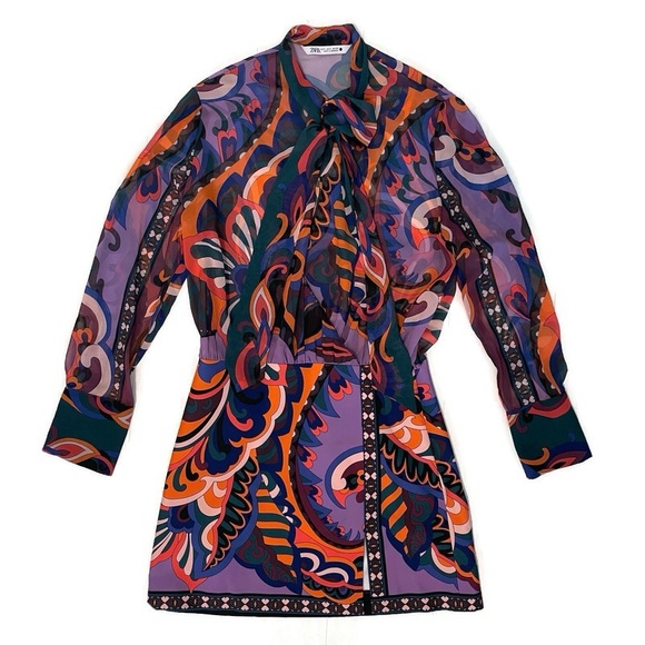 ZARA Pucci Mini Dress Sheer Long Sleeve Top Skirt Slit Multicolor, Women’s Small - Picture 3 of 17
